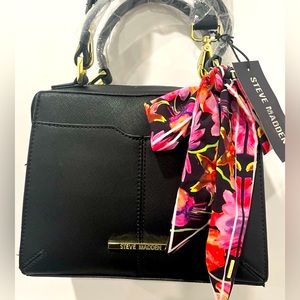 Women’s Steve Madden “Black Breese” Crossbody Bag w/Gold Hardware & Floral Scarf